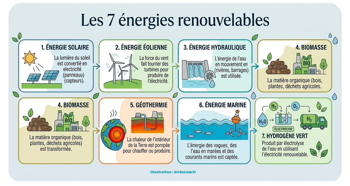 Les 7 énergies renouvelables illustration
